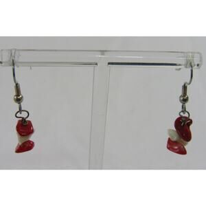 Silver‎ Tone Red White Chip Natural Stone Dainty Dangly Earrings Festive Dainty